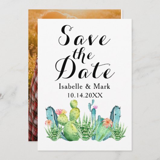 水彩画のサボテンの結婚式の保存日付カード セーブザデート (正面/裏面)