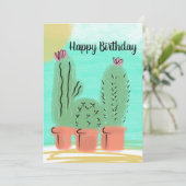 水彩画のサボテンの鉢 誕生日おめでとう 晴れた日に カード (スタンド正面)