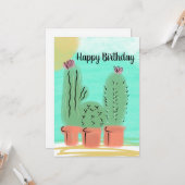 水彩画のサボテンの鉢 誕生日おめでとう 晴れた日に カード (正面/裏面インサイチュ)