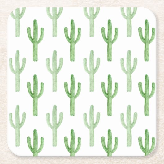 水彩画のサボテンパターン スクエアペーパーコースター (正面)