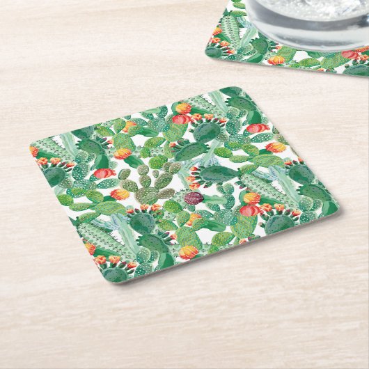 水彩画のサボテンパターン スクエアペーパーコースター (アングル)