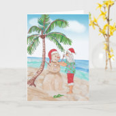 水彩画のサンタとサンディ・スノーマン・クリスマス カード (黄色い花)