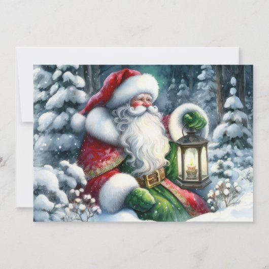水彩画のサンタクロースが雪の森にいる シーズンカード (正面)