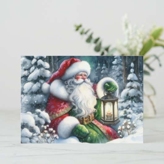 水彩画のサンタクロースが雪の森にいる シーズンカード (スタンド正面)