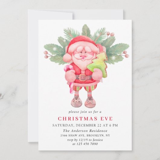 水彩画のサンタクロース クリスマスイブ ホリデーパーティー 招待状 (正面)