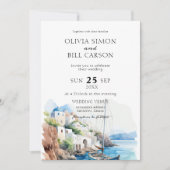 水彩画のサントリーニ、ギリシャでのデスティネーションウェディング 招待状 (正面)