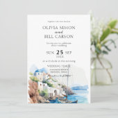 水彩画のサントリーニ、ギリシャでのデスティネーションウェディング 招待状 (スタンド正面)