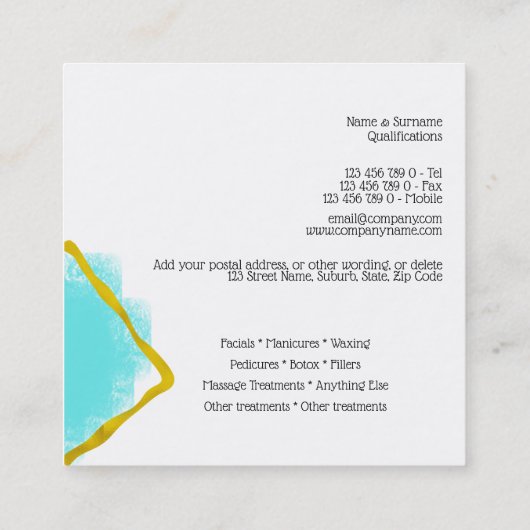 水彩画のシックな金ゴールドの水青いフレームのモダン スクエア名刺 (裏面)