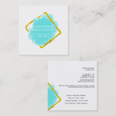 水彩画のシックな金ゴールドの水青いフレームのモダン スクエア名刺 (正面/裏面)