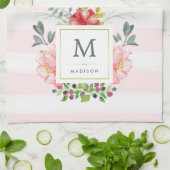 水彩画のシャクヤクはモノグラムと開花し、縞で飾ります キッチンタオル (折り畳み)