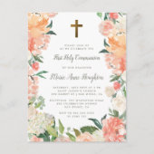 水彩画のシャクヤク及びバラの最初聖餐式 インビテーションポストカード (正面)