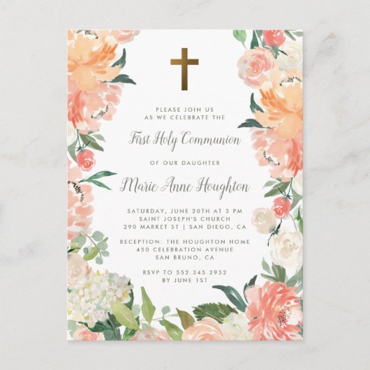 水彩画のシャクヤク及びバラの最初聖餐式 インビテーションポストカード (正面)