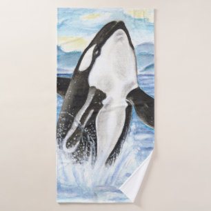 水彩画のシャチのクジラの破ること バスタオルセット