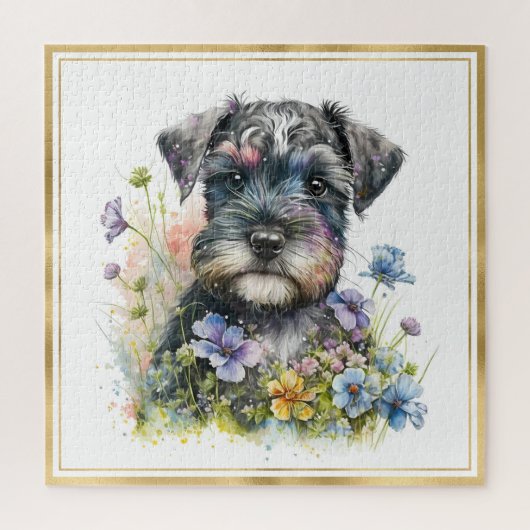 水彩画のシュナウザーの子犬(ゴールドフレーム付き) ジグソーパズル (縦)