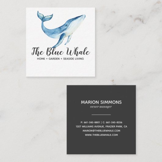 水彩画のシロナガスクジラの正方形の名刺 スクエア名刺 (正面/裏面)