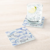 水彩画のシロナガスクジラパターン ガラスコースター (アングル)