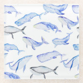 水彩画のシロナガスクジラパターン ガラスコースター (正面)