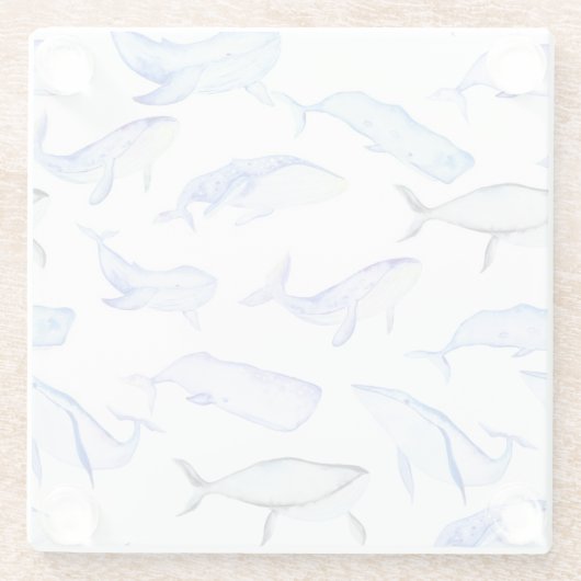 水彩画のシロナガスクジラパターン ガラスコースター (裏面)