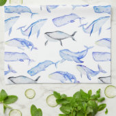 水彩画のシロナガスクジラパターン キッチンタオル (折り畳み)