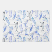 水彩画のシロナガスクジラパターン キッチンタオル (横)
