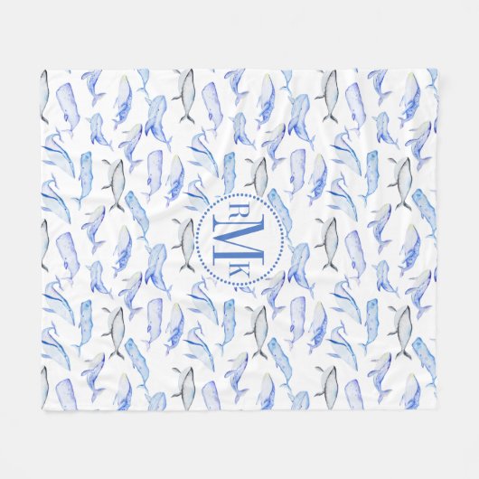 水彩画のシロナガスクジラパターン フリースブランケット (正面(横))