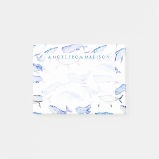 水彩画のシロナガスクジラパターン ポストイット (正面)