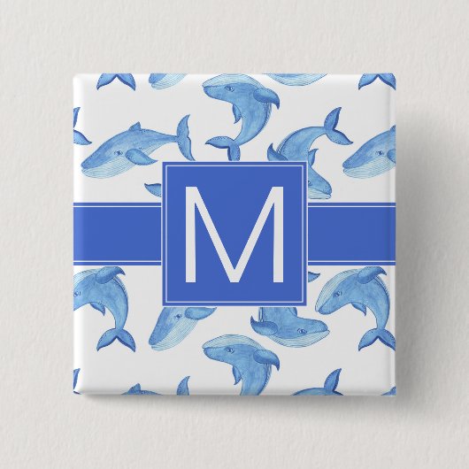 水彩画のシロナガスクジラパターン 缶バッジ (正面)