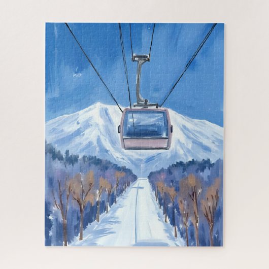 水彩画のスキーゴンドラと雪山 ジグソーパズル (縦)