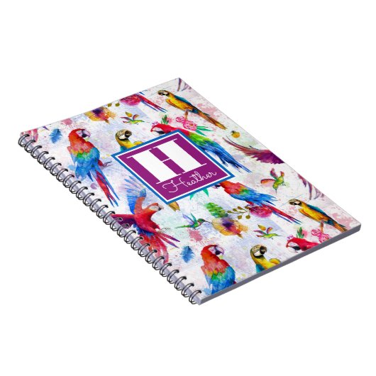 水彩画のスタイルのオウムは|あなたの名前を加えます ノートブック (右側)