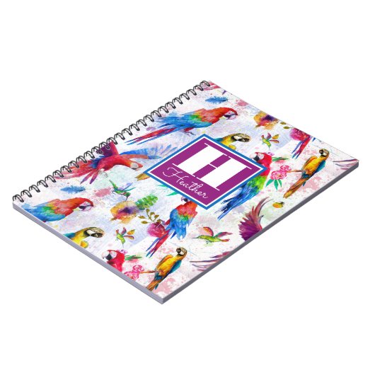 水彩画のスタイルのオウムは|あなたの名前を加えます ノートブック (左側)