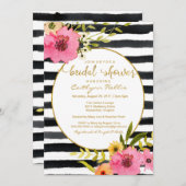 水彩画のストライプで明るい花のブライダルシャワー 招待状 (正面/裏面)