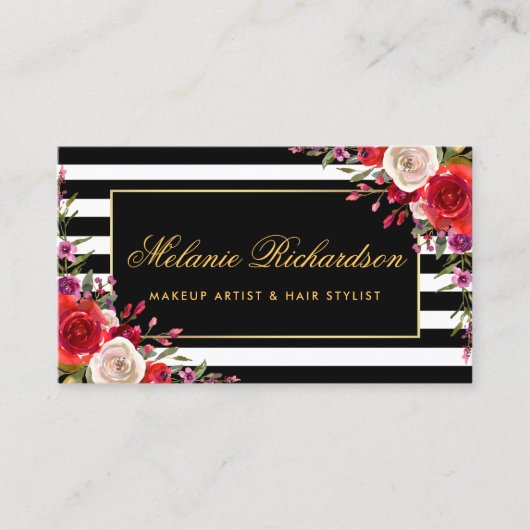 水彩画のストライプのな花の金ゴールドフレーム 名刺 (正面)