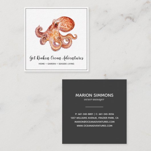 水彩画のタコの正方形の名刺 スクエア名刺 (正面/裏面)
