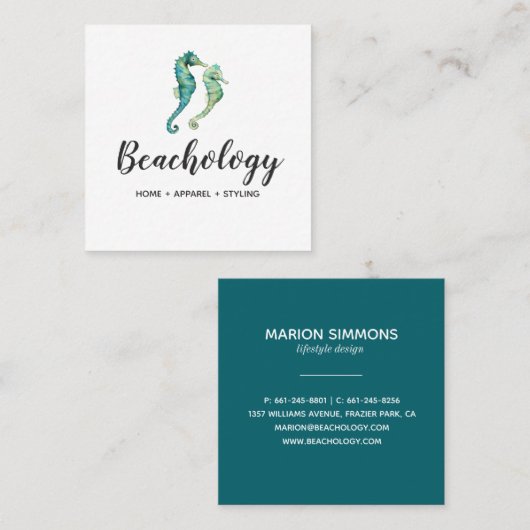 水彩画のタツノオトシゴの正方形の名刺 スクエア名刺 (正面/裏面)