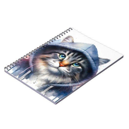 水彩画のタビーキャットフード付きスウェットシャツ(ばちゃばちゃ)跳ねる ノートブック (左側)