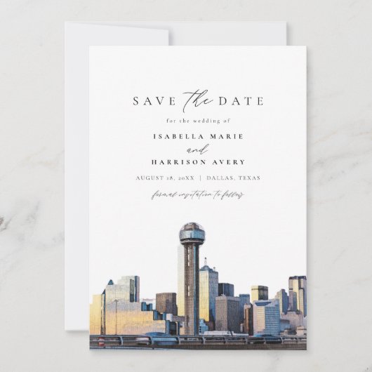 水彩画のダラス テキサス スカイライン Save the Date 招待状 (正面)