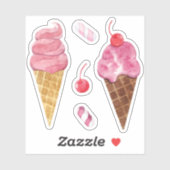 水彩画のチェリーアイスクリームコーン シール (シート)
