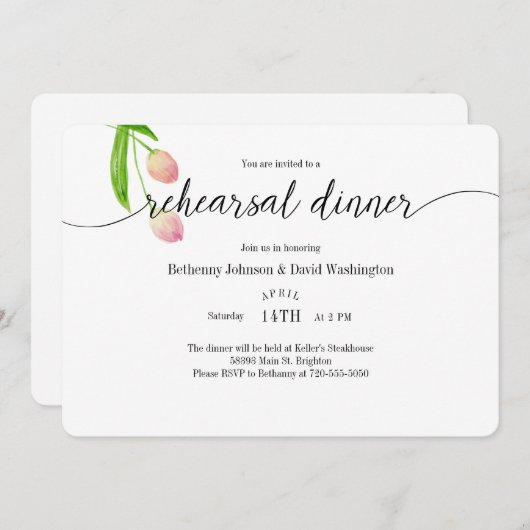 水彩画のチューリップのリハーサルディナー招待状 招待状 (正面/裏面)