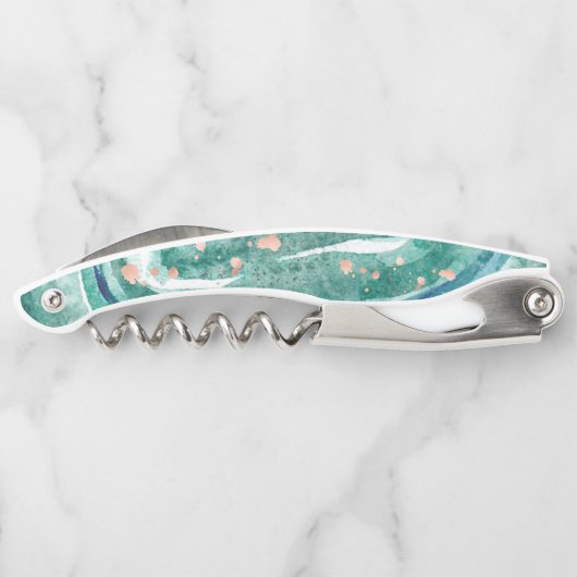 水彩画のティール（緑がかった色）およびのどのばら色の金ゴールドGeode ソムリエナイフ (裏面)