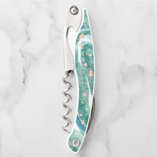 水彩画のティール(緑がかった色)およびのどのばら色の金ゴールドGeode ソムリエナイフ (正面)