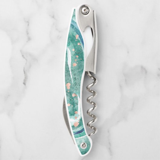 水彩画のティール（緑がかった色）およびのどのばら色の金ゴールドGeode ソムリエナイフ (裏面)