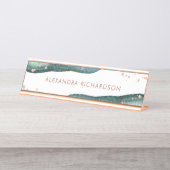 水彩画のティール（緑がかった色）およびのどのばら色の金ゴールドGeode デスクネームプレート (正面)