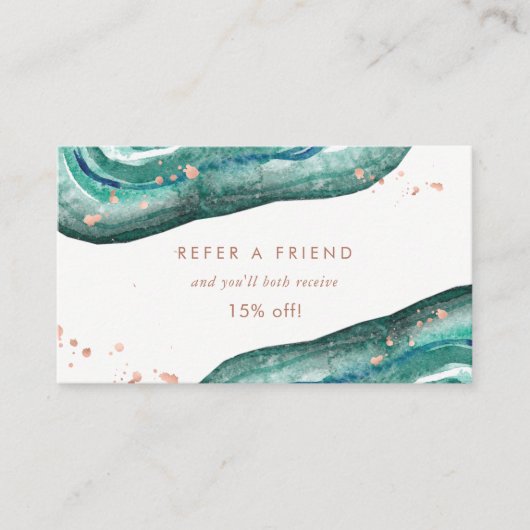 水彩画のティール（緑がかった色）およびのどのばら色の金ゴールドGeode 紹介カード (正面)