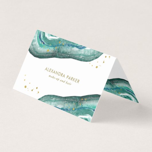 水彩画のティール（緑がかった色）およびのどの金ゴールドGeode 名刺 (正面)