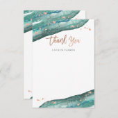 水彩画のティール(緑がかった色)およびばら色の金ゴールドGeode サンキューカード (正面/裏面)