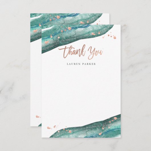 水彩画のティール(緑がかった色)およびばら色の金ゴールドGeode サンキューカード (正面/裏面)