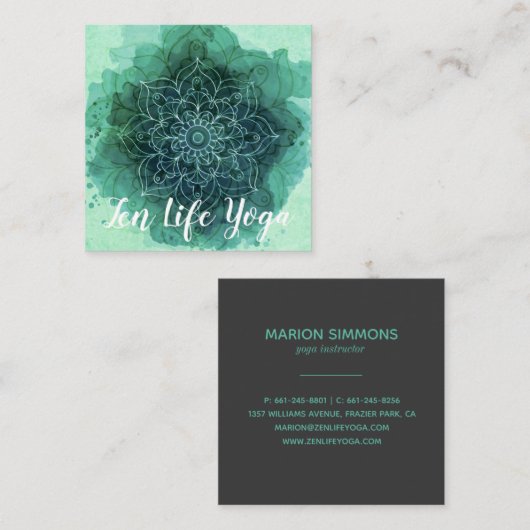 水彩画のティール（緑がかった色）のはす花の正方形の名刺 スクエア名刺 (正面/裏面)