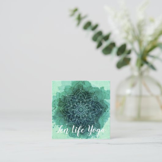 水彩画のティール（緑がかった色）のはす花の正方形の名刺 スクエア名刺 (スタンド正面)