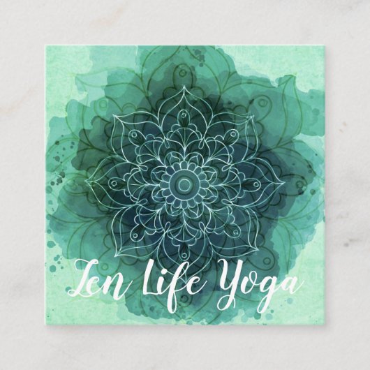 水彩画のティール(緑がかった色)のはす花の正方形の名刺 スクエア名刺 (正面)