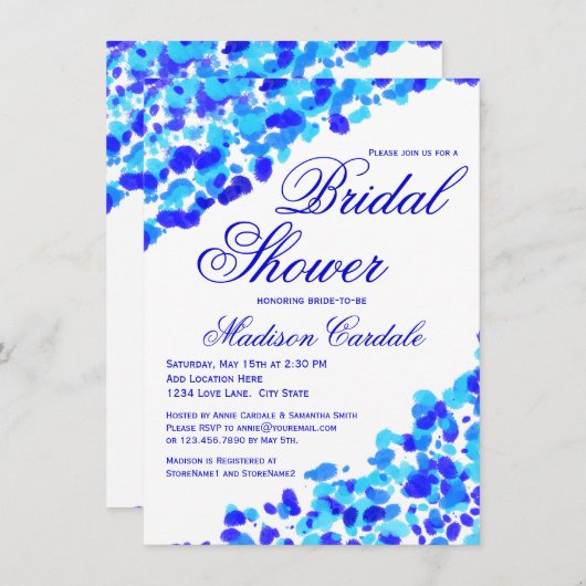 水彩画のティール（緑がかった色）のロイヤルブルーのブライダルシャワーの招待 招待状 (正面/裏面)